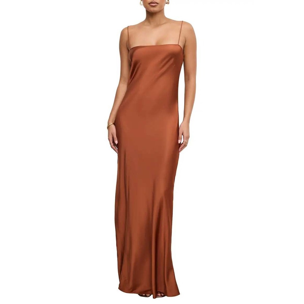 Good American Women S Rust Brown Satin Maxi Slip Dress Minimalist Formal Party